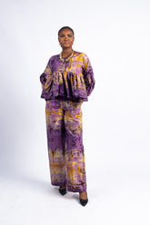 Women's Purple and Yellow Tie-Dye Peplum Top & Wide-Leg Pants Set