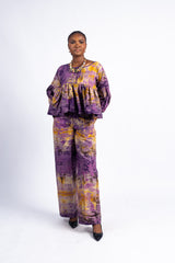 Women's Purple and Yellow Tie-Dye Peplum Top & Wide-Leg Pants Set