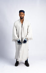 Men's Ecru Linen Robe with Indigo Tie-Dye Accents & Cap