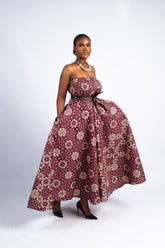 Maroon and Beige Floral Print Strapless Maxi Dress