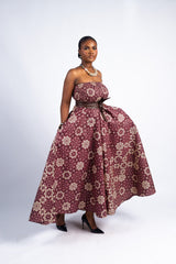 Maroon and Beige Floral Print Strapless Maxi Dress