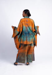 Women's Orange & Teal Abstract Print Kimono Top & Wide-Leg Pants Set