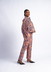 Women's Orange & Blue Geometric Print Laser-Cut Sleeve Jacket & Cargo Pants Set