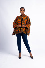 Women's Brown & Orange Abstract Print Kimono-Style Blouse / Jacket