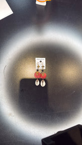 Pink Swirl Disc and Cowrie Shell Earrings - Bohemian Dangle Jewelry