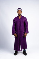 Men's Royal Purple Fringed Kimono Robe & Beaded Cap Set