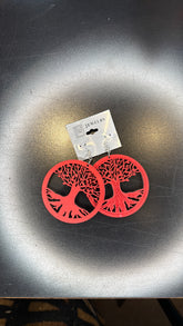 Red Tree of Life Wooden Earrings - Statement Dangle Jewelry