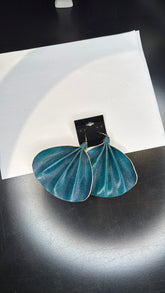 Large Teal Folded Leather Earrings - Statement Dangle Jewelry