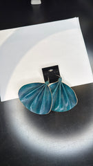 Large Teal Folded Leather Earrings - Statement Dangle Jewelry