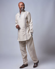 Men’s Embroidered Linen Set – Sandstone Beige