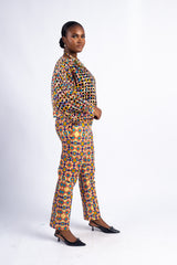 Women's Multicolor Geometric Print Laser-Cut Sleeve Jacket & Pants Set