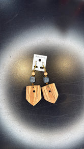 Mixed Bead and Wood Shield Dangle Earrings - Bohemian Geometric Jewelry