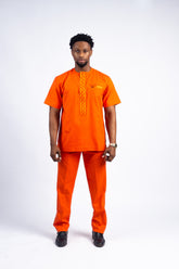 Men's Bold Orange Kaftan Set with Gold Embroidery