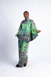 Women's Green and Purple Tie-Dye Batwing Top & Wide-Leg Pants Set