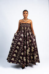 Brown Floral Strapless Maxi Dress