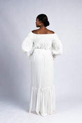 Women's Off-the-Shoulder Smocked White Maxi Dress with Puff Sleeves