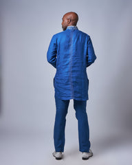 Men’s Embroidered Blue Linen Set (Slim Fit)