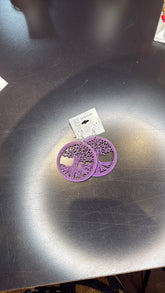 Purple Tree of Life Wooden Earrings - Statement Dangle Jewelry