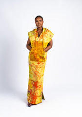 Women's Yellow and Orange Tie-Dye Hooded Maxi Dress with Slits