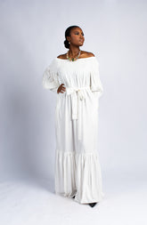 Women's Off-the-Shoulder Smocked White Maxi Dress with Puff Sleeves