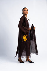Women's Brown Linen Duster with Gold Adinkra Appliqués