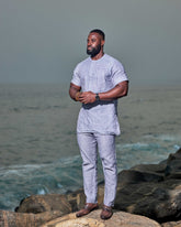 Men's Striped Linen Suit Set (Short Sleeves)