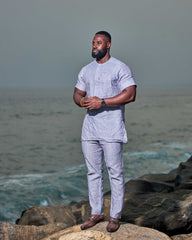 Men's Striped Linen Suit Set (Short Sleeves)