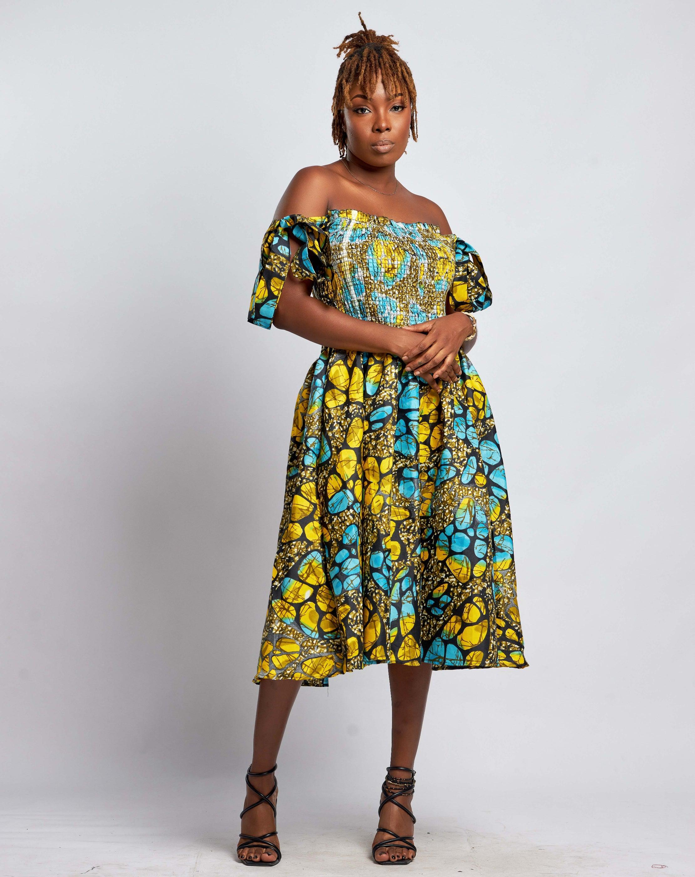 Ankara Women Strip and Elastic Dress with Pockets - YvonneEx