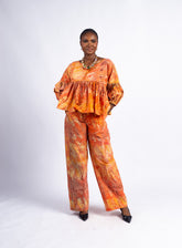 Women's Warm Orange Tie-Dye Peplum Top & Wide-Leg Pants Set