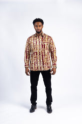 Men's Burgundy & Gold Striped African Print Shirt