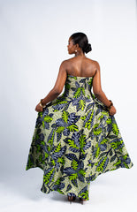 Green Tropical Print Strapless Maxi Dress