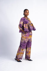 Women's Purple and Yellow Tie-Dye Peplum Top & Wide-Leg Pants Set