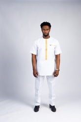 Men's Crisp White Kaftan Set with Gold Embroidery