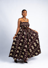 Brown Floral Strapless Maxi Dress