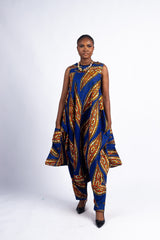 Women's Blue & Orange Abstract Print Harem Jumpsuit with Pockets