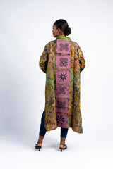 Women's Earth Tone Striped Kimono Duster with Adinkra Pocket