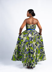 Green Tropical Print Strapless Maxi Dress