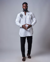 Men's Premium Adinkra White Linen Shirt (Slim Fit)