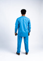 Men's Sky Blue African Print Kaftan & Trouser Set