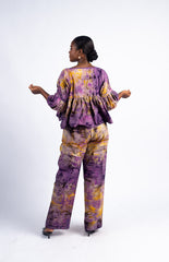 Women's Purple and Yellow Tie-Dye Peplum Top & Wide-Leg Pants Set