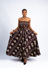 Brown Floral Strapless Maxi Dress