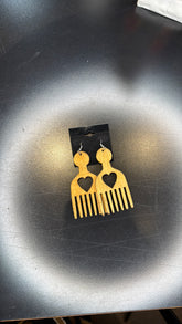 Wooden Afro Pick with Heart Cutout Earrings - Statement Dangle Jewelry