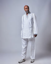 Men’s Embroidered White Linen Set (Slim Fit)