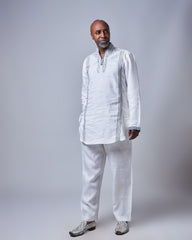 Men’s Embroidered White Linen Set (Slim Fit)