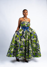 Green Tropical Print Strapless Maxi Dress