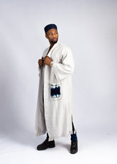 Men's Ecru Linen Robe with Indigo Tie-Dye Accents & Cap