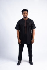Classic Black Kaftan Set with Accent Embroidery