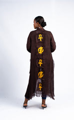 Women's Brown Linen Duster with Gold Adinkra Appliqués
