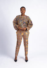 Women's Multicolor Geometric Print Laser-Cut Sleeve Jacket & Pants Set