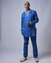 Men’s Embroidered Blue Linen Set (Slim Fit)